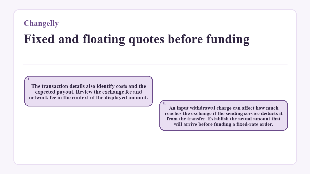 Fixed and floating quotes before funding: The transaction details also identify costs and the expected payout. Review the exchange fee and network fee in the context of the displayed amount.; An input withdrawal charge can affect how much reaches the exchange if the sending service deducts it from the transfer. Establish the actual amount that will arrive before funding a fixed-rate order.